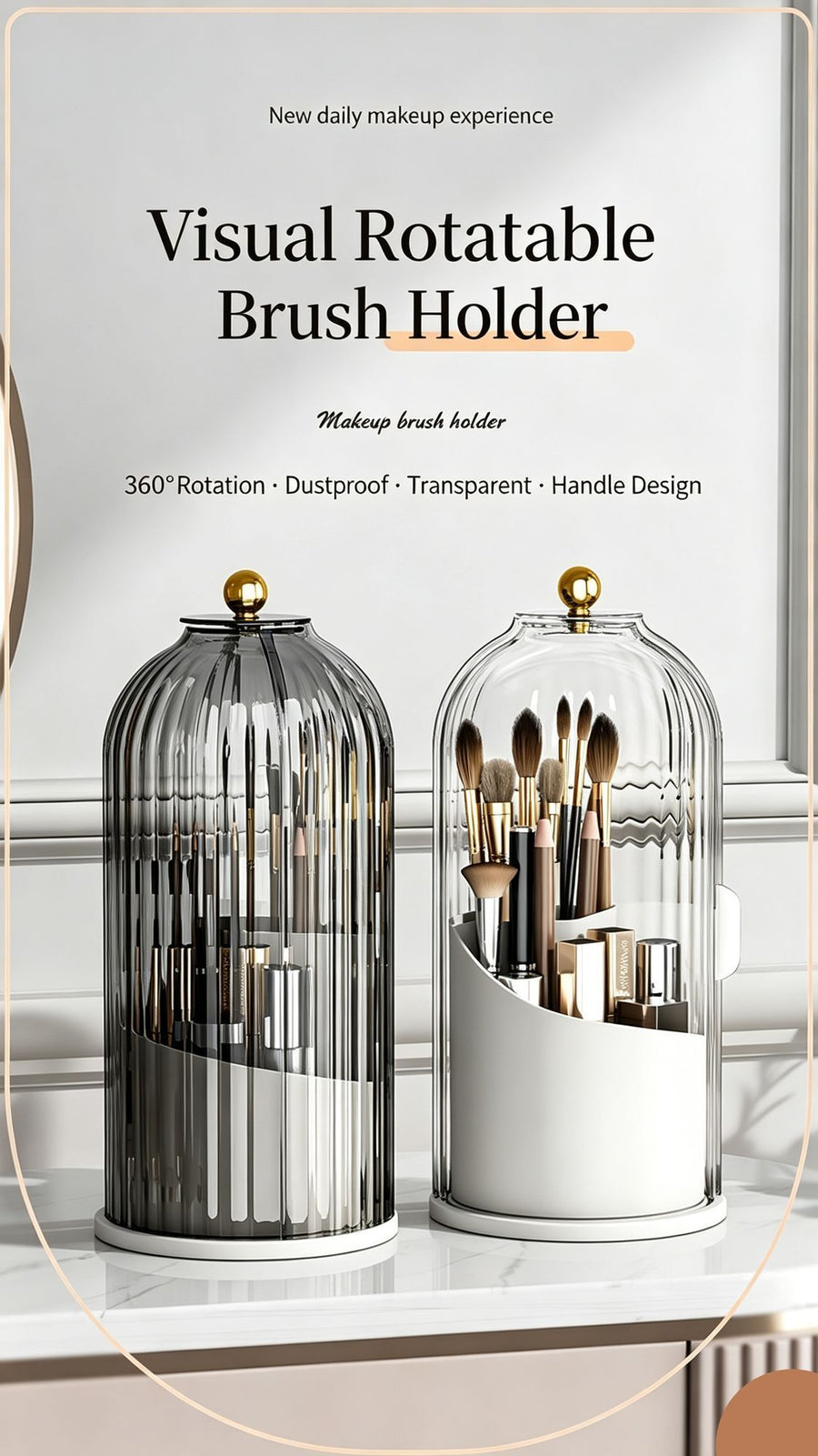 Rotatable Birdcage Desktop Storage Organiser, Dustproof Split Holder for Skincare Products, Stationery, Toiletries & Tableware, Transparent Grey, Christmas & Halloween Home Decor Gift