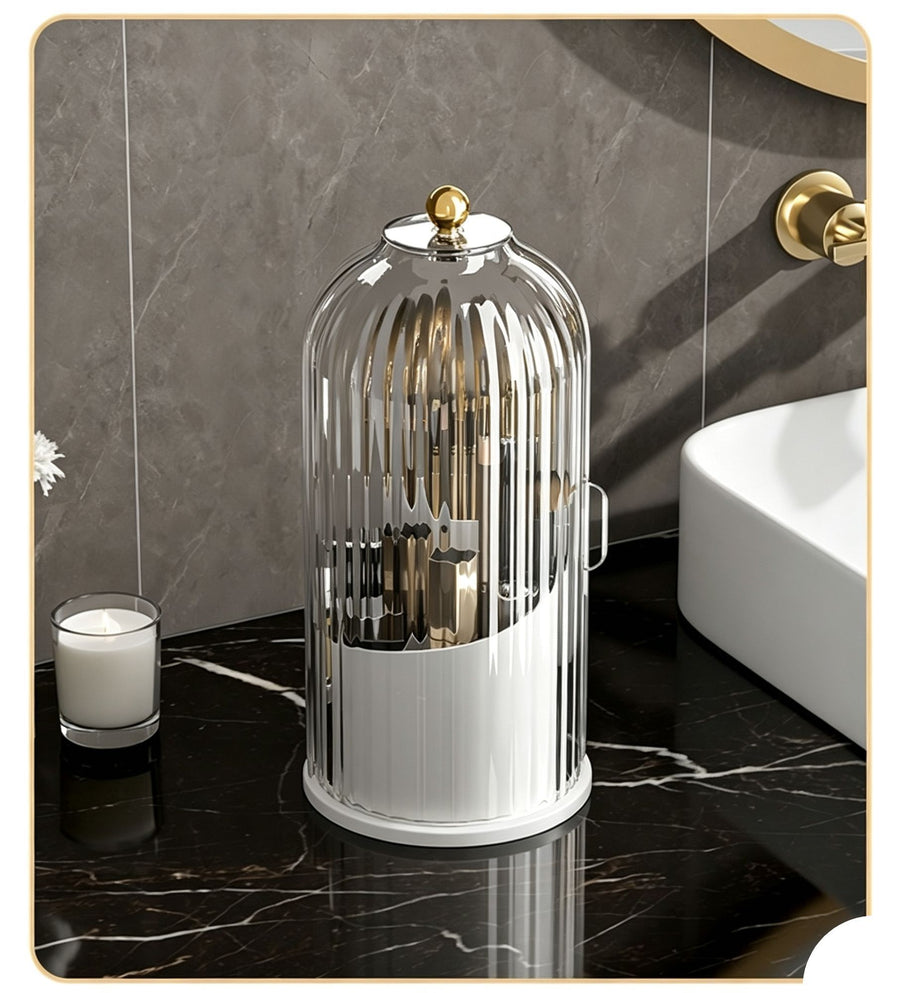 Rotatable Birdcage Desktop Storage Organiser, Dustproof Split Holder for Skincare Products, Stationery, Toiletries & Tableware, Transparent Grey, Christmas & Halloween Home Decor Gift