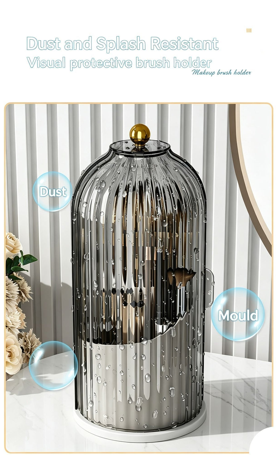 Rotatable Birdcage Desktop Storage Organiser, Dustproof Split Holder for Skincare Products, Stationery, Toiletries & Tableware, Transparent Grey, Christmas & Halloween Home Decor Gift