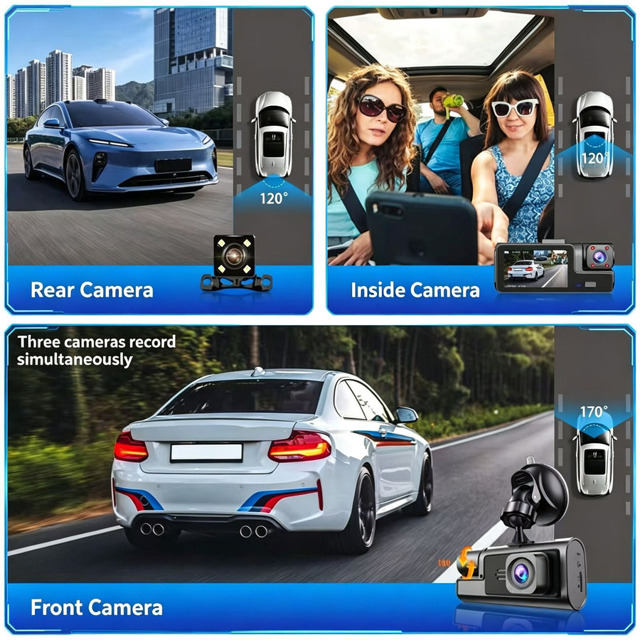 HD Night Vision Car DVR 3 Lens Triple Recording Front Inside Rear Dash Camera Ideal Christmas Gift