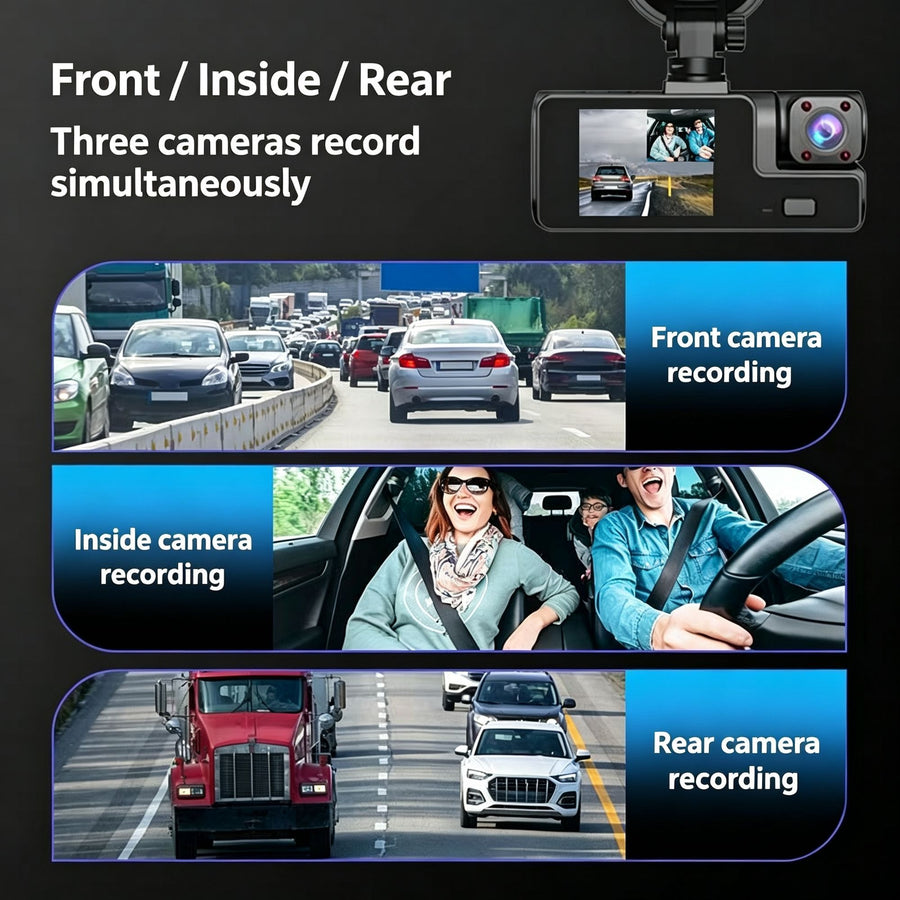 Night Vision 3 Channel Car Dash Cam Triple Record Front Cabin Rear with 32G Card Great Christmas Present