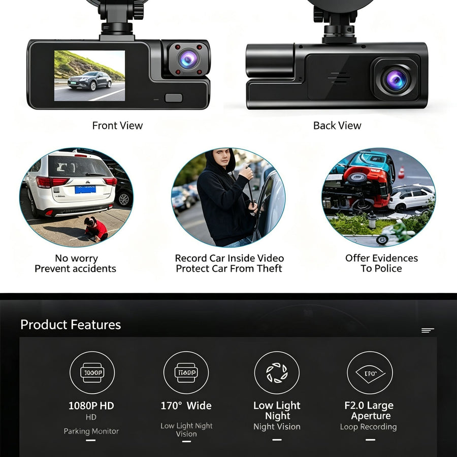 Night Vision 3 Channel Car Dash Cam Triple Record Front Cabin Rear with 32G Card Great Christmas Present