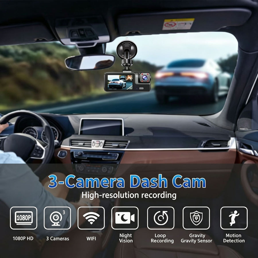 Night Vision 3 Channel Car Dash Cam Triple Record Front Cabin Rear with 32G Card Great Christmas Present