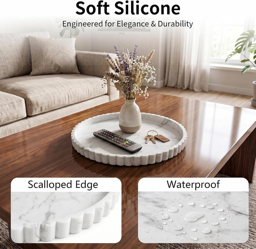 Marble Print Silicone Wavy Edge Round Tray Multi-Use Storage Tray for Jewelry Aroma Base White Marble 30.5cm 415g Popular Christmas Holiday Gift