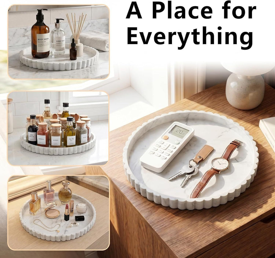 Marble Print Silicone Wavy Edge Round Tray Multi-Use Storage Tray for Jewelry Aroma Base White Marble 30.5cm 415g Popular Christmas Holiday Gift