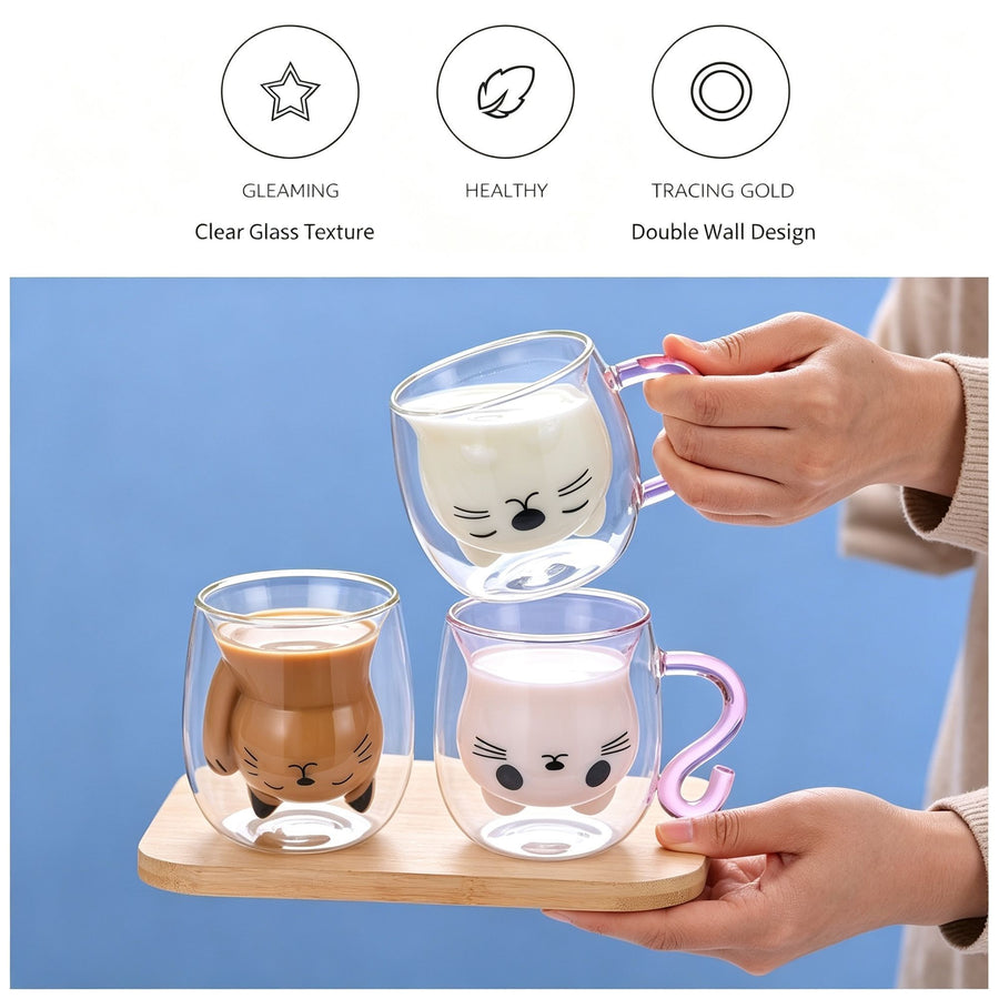 High Borosilicate Glass Cartoon Cat Cup Double Wall Insulated Drink Mug with Handle Black Cat Pearl Cotton + Paper Box Ideal Christmas Gift