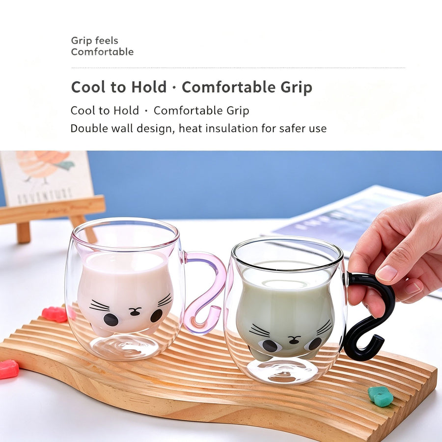 High Borosilicate Glass Cartoon Cat Cup Double Wall Insulated Drink Mug with Handle Black Cat Pearl Cotton + Paper Box Ideal Christmas Gift