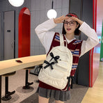 Women's Bow Decor Corduroy Backpack Large Capacity School Travel Commuter Bag White with Black Great Christmas Present