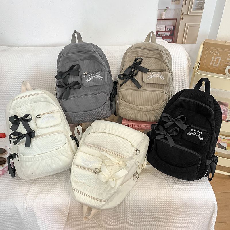 Women's Bow Decor Corduroy Backpack Large Capacity School Travel Commuter Bag White with Black Great Christmas Present
