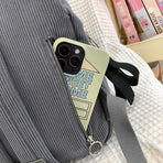 Women's Bow Decor Corduroy Backpack Large Capacity School Travel Commuter Bag White with Black Great Christmas Present