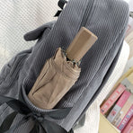 Women's Bow Decor Corduroy Backpack Large Capacity School Travel Commuter Bag White with Black Great Christmas Present