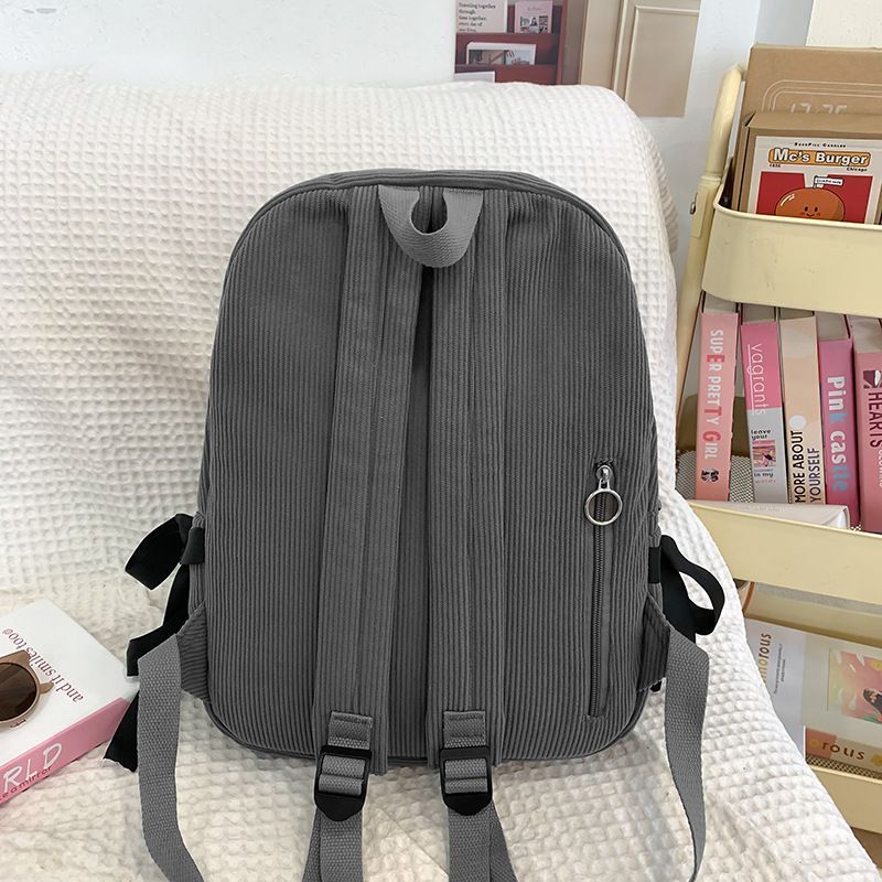Women's Bow Decor Corduroy Backpack Large Capacity School Travel Commuter Bag White with Black Great Christmas Present