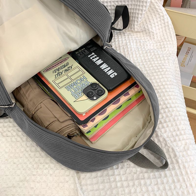 Women's Bow Decor Corduroy Backpack Large Capacity School Travel Commuter Bag White with Black Great Christmas Present