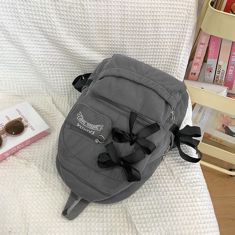 Women's Bow Decor Corduroy Backpack Large Capacity School Travel Commuter Bag White with Black Great Christmas Present