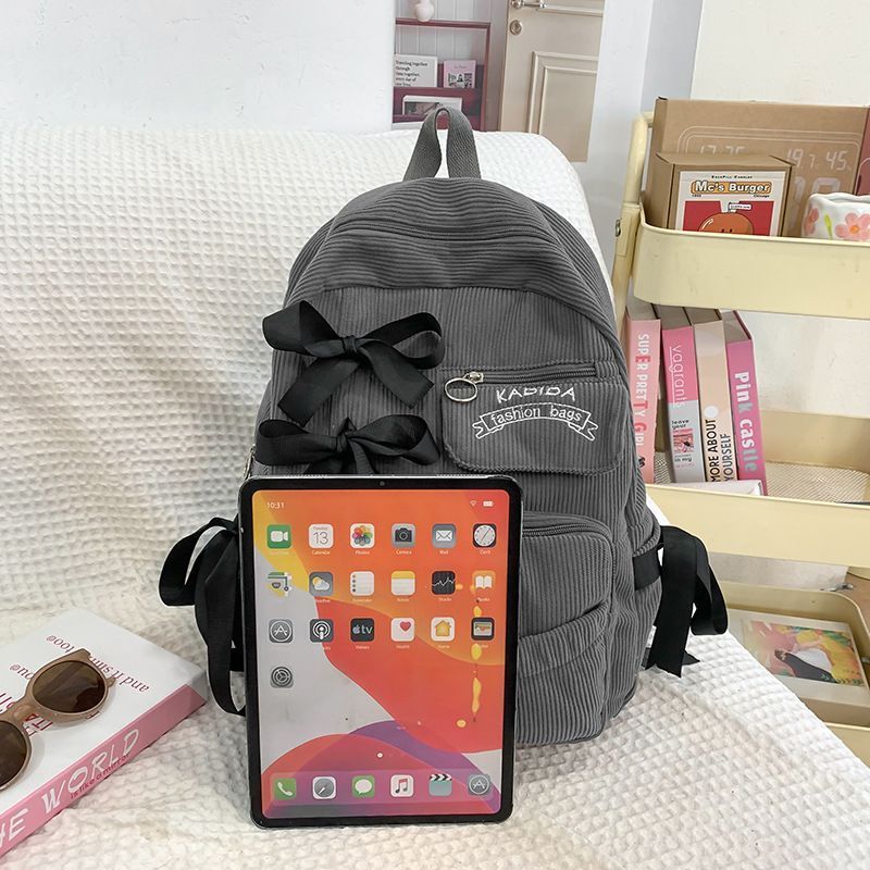 Women's Bow Decor Corduroy Backpack Large Capacity School Travel Commuter Bag White with Black Great Christmas Present