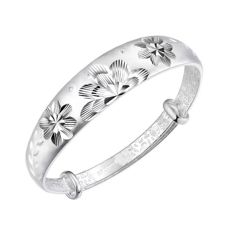 Retro Sunflower Bracelet for Women Solid Push-Pull Adjustable Bangle Elderly Gift Silver Ideal Christmas Gift