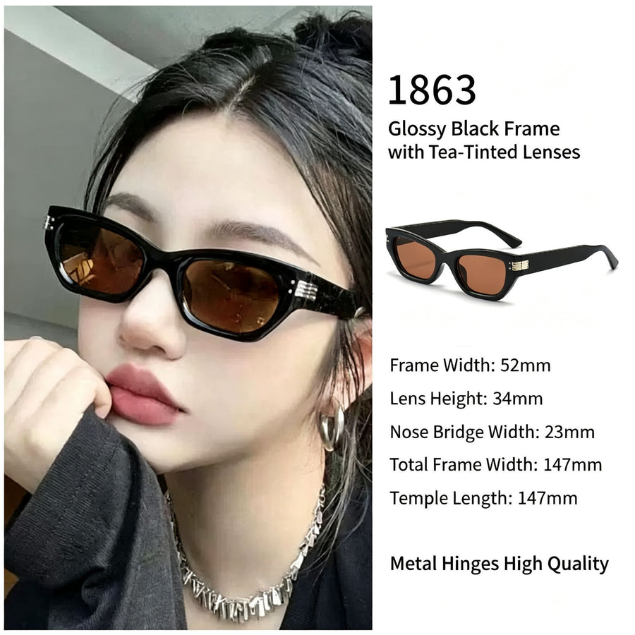 Polished Glossy Black Frame Brown Lens Cat Eye Sunglasses UV400, Retro Premium Outfit Upgrade Look, Perfect Christmas Gift