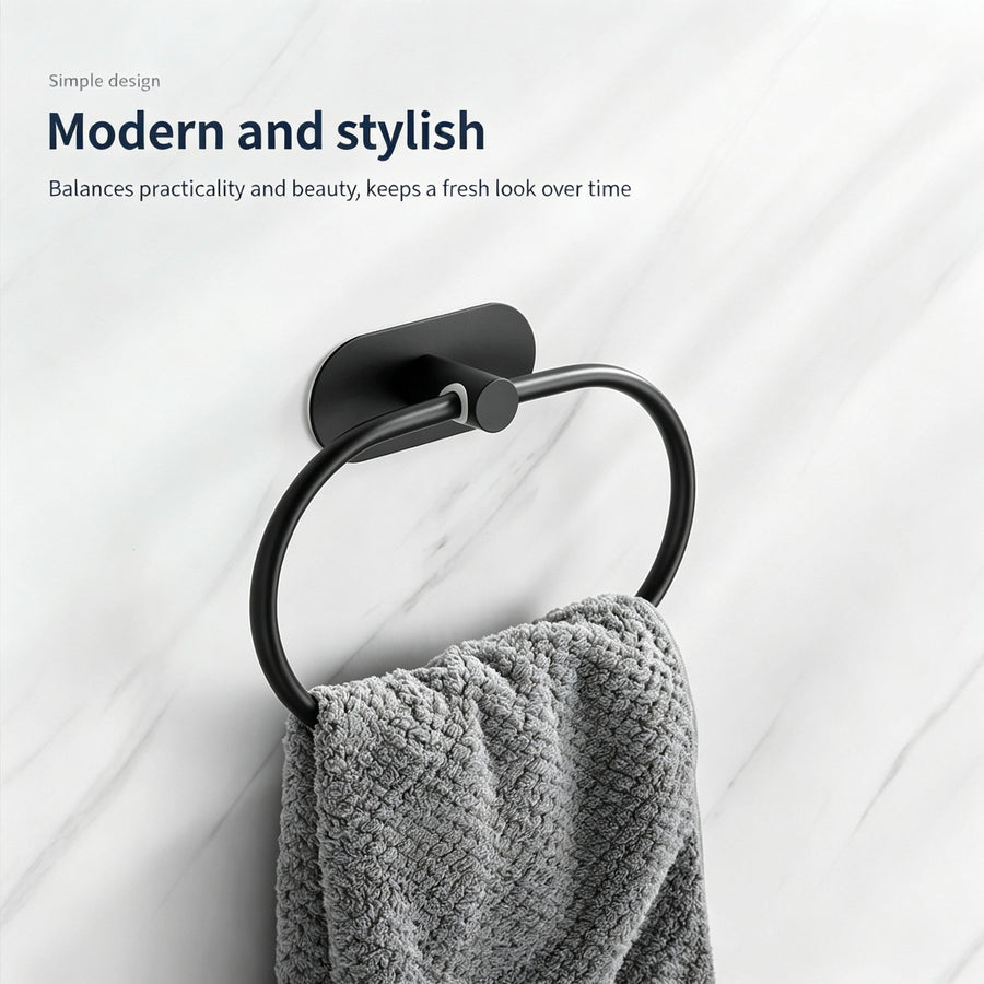 Oval Towel Ring - No Drill (Black) 2 Pcs | Stainless Steel Towel Holder Set, Christmas 2-Pack Bath Set for Master & Guest Bath