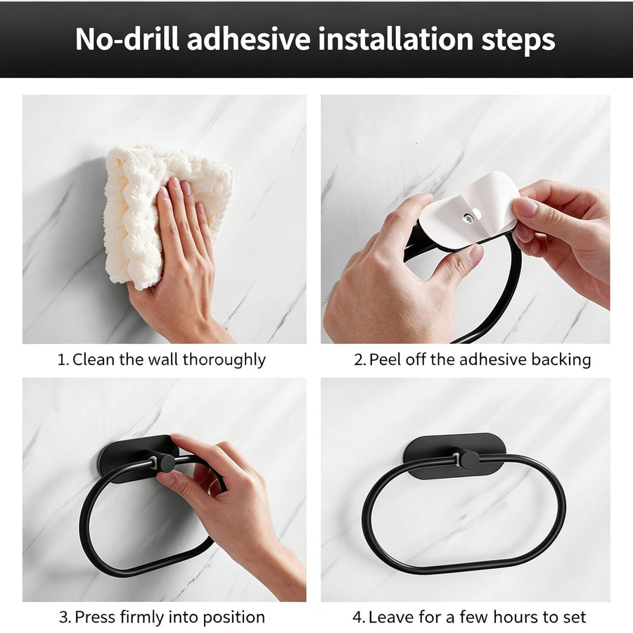 Round Towel Ring - No Drill (Black) 2 Pcs | Classic Towel Loop 2 Pack, Christmas Family Bath Essential Set for Kids & Adults