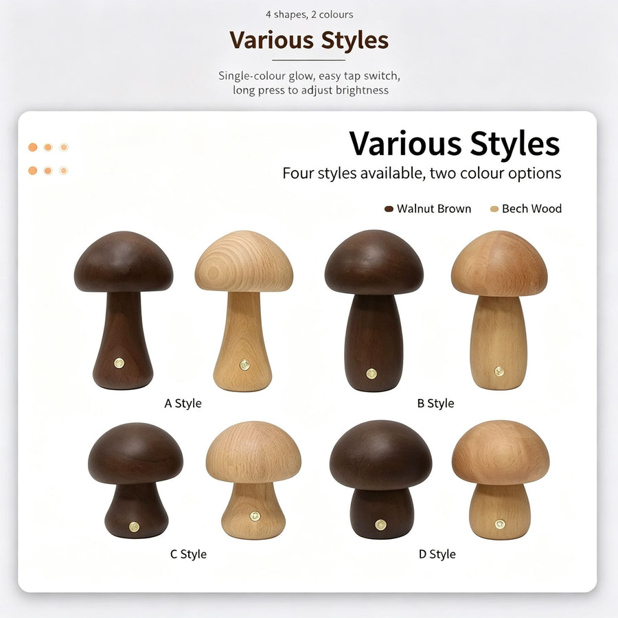 Warm White A-Style Walnut Mushroom Night Light | Compact Touch Night Lamp | Christmas Minimalist Choice