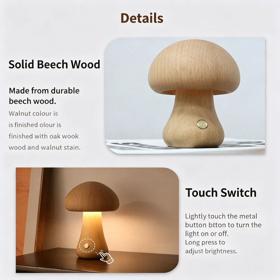 Warm White D-Style Beech Mushroom Night Light | High-End Wooden Touch Lamp | Christmas Premium Wood Gift