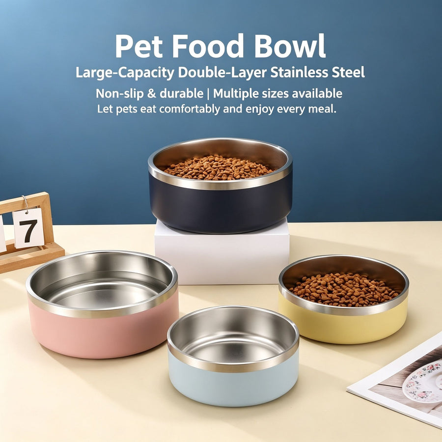 42oz 304 Stainless Steel Cat Dog Bowl | Double Layer Pet Feeding Bowl | Anti-Slip Bottom | Yellow | for Medium Dogs & Cats | Christmas Bright Medium Bowl