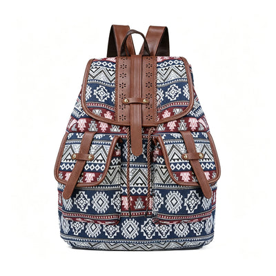 Style C Blue White Ethnic Backpack | Vintage Geometric Pattern Rucksack | Christmas Student School Gift | Large Capacity Casual Daypack Bag