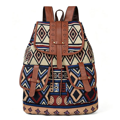 Style D Beige Blue Aztec Backpack | Retro Geometric Drawstring Bag | Halloween Casual Outing Gift | Large Capacity Women Leisure School Backpack