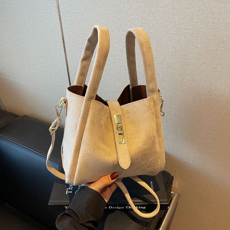 Suede Off‑White Women Retro Bucket Crossbody Bag | Christmas Soft Texture Gift | Niche High‑Sense Handheld Basket Style Shoulder Purse