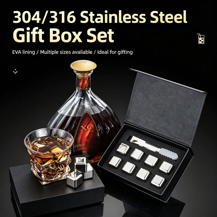 Premium Whiskey Ice Stone Gift Box | Holiday Housewarming Present | Gold Square 8‑Pack With Silicone Tongs,EVA Tray,Gift Box & Velvet Pouch