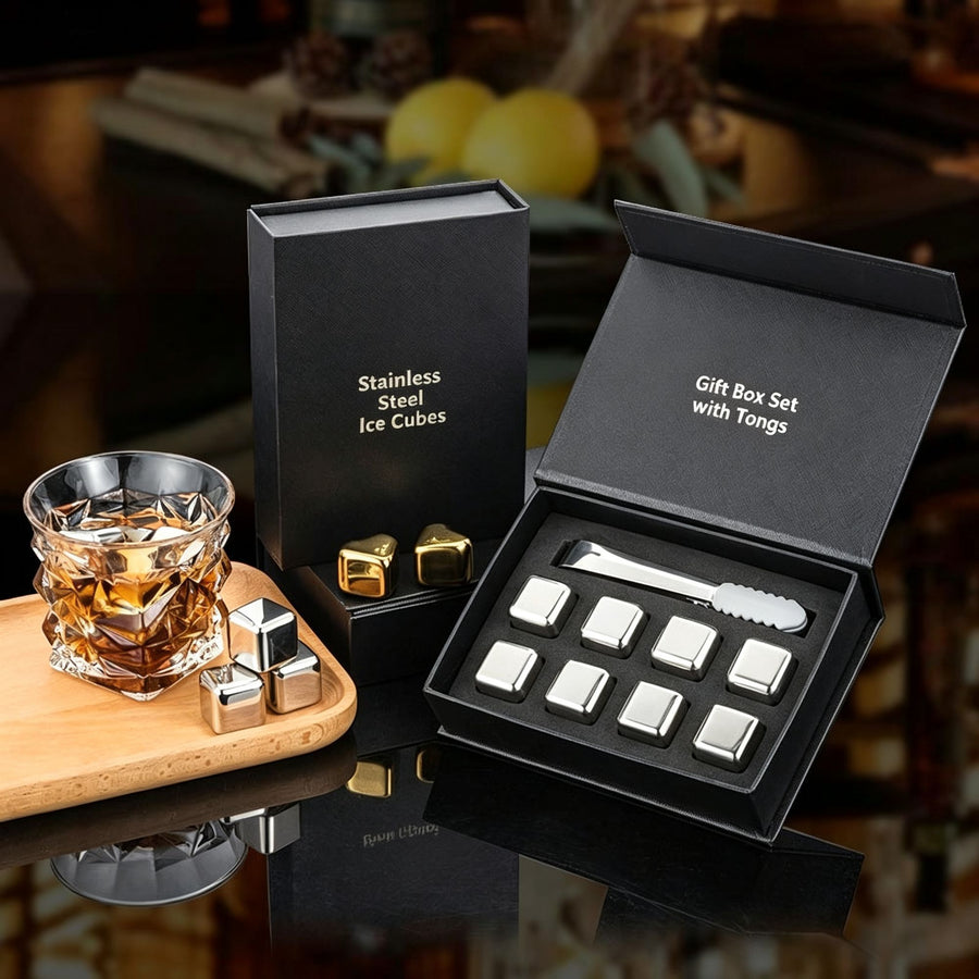 Premium Whiskey Ice Stone Gift Box | Holiday Housewarming Present | Gold Square 8‑Pack With Silicone Tongs,EVA Tray,Gift Box & Velvet Pouch