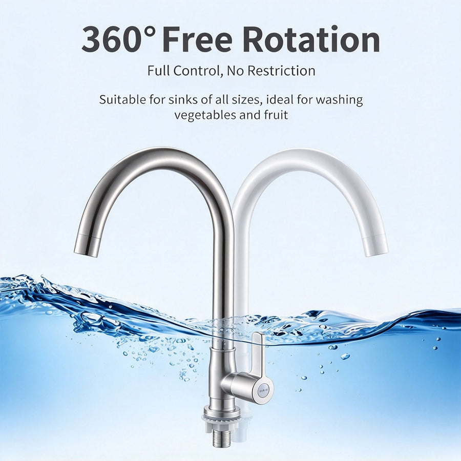 304 Stainless Steel Single Cold 7‑Shape Kitchen Tap Without Inlet Pipe Ball Bead Rotation Sink Faucet for Washing Basin Home Renovation Supply