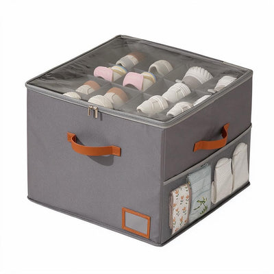 Shoe Storage Organiser Grey 43x43x32cm Clear Top Window 10.5cm Grid Dividers Orange Handles Mesh Side Pocket Foldable 1pc