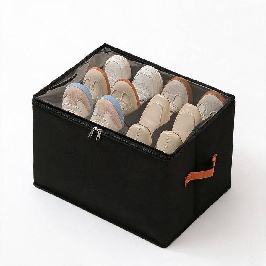 Zip-Top Non-Woven Shoe Organiser Box 43x32cm Black Clear Panel Dividers Orange Carry Handle Moisture-Proof Wardrobe Closet Tidy 1pc