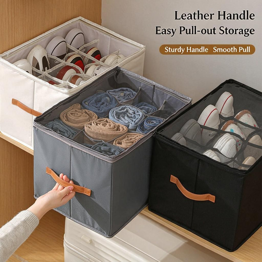 Zip-Top Non-Woven Shoe Organiser Box 43x32cm Black Clear Panel Dividers Orange Carry Handle Moisture-Proof Wardrobe Closet Tidy 1pc