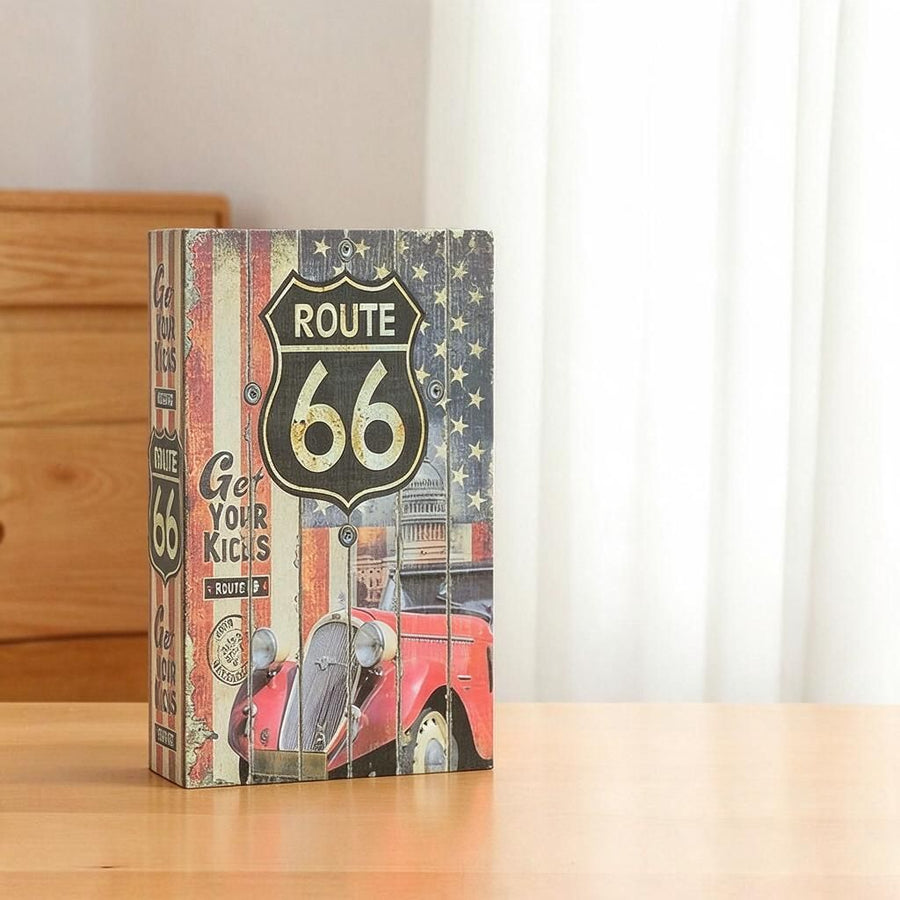 Vintage Route 66 Book Safe Combination Lock 18cm Small Metal Stash Box Retro Car Print Coin Bank Bedside Table Storage