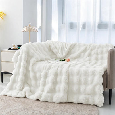 180x200cm Milk White Bubble Texture Throw Blanket - Cozy Faux Rabbit Fur & Flannel Couch Cover Warm Home Decor