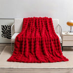Spring Napping Essential: Ruby Red 100x160cm Textured Bunny Fur Throw Blanket with Fleece Reverse for Sofa & Bed Gifting