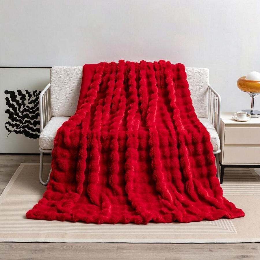 Spring Napping Essential: Ruby Red 100x160cm Textured Bunny Fur Throw Blanket with Fleece Reverse for Sofa & Bed Gifting