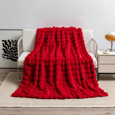 Poppy Red 200x230cm Plush Bunny Fur Coverlet - Pebble Dot Tufted Throw with Fleece Lining for Extra Large Sofa & Bed, Cosy Gift