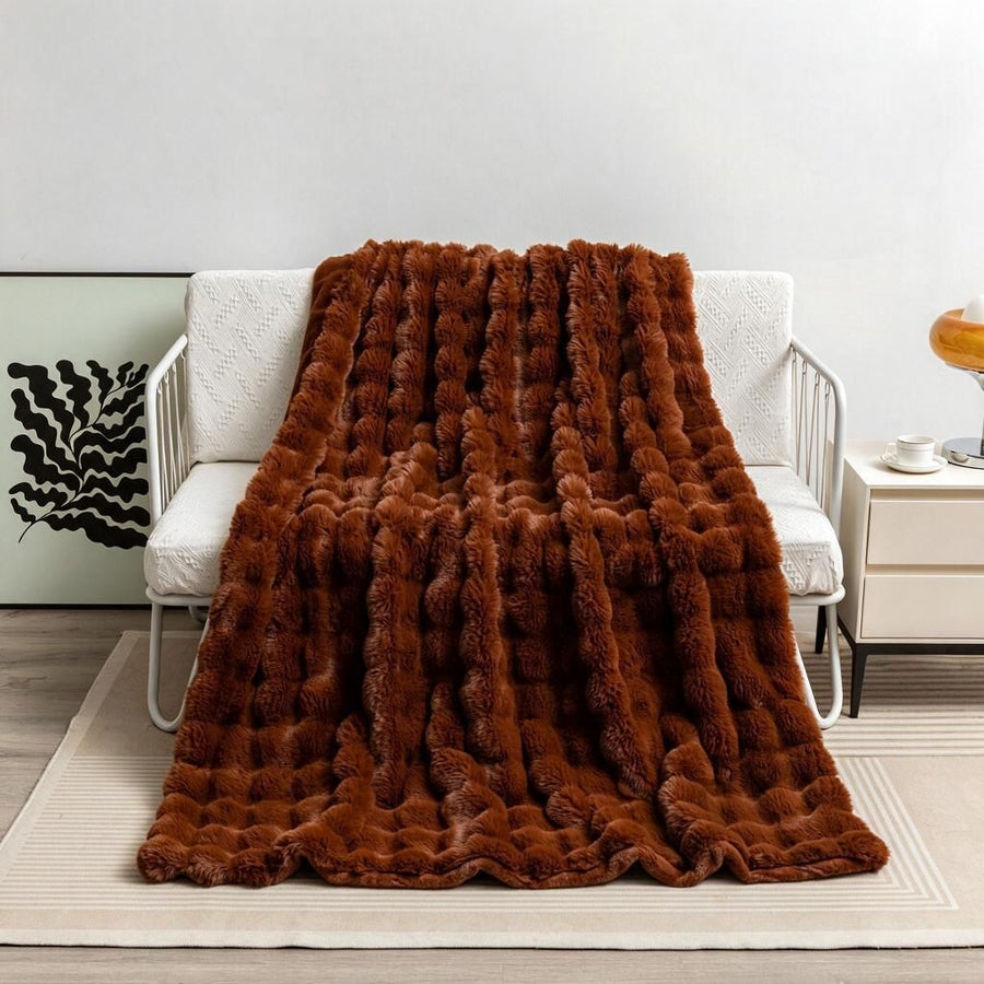 Dark Chocolate Brown 70x100cm Compact Cosy Cuddle Blanket - Two-Tone Tufted Faux Rabbit Fur & Fleece Backing, Warm Lap Wrap Halloween Eve