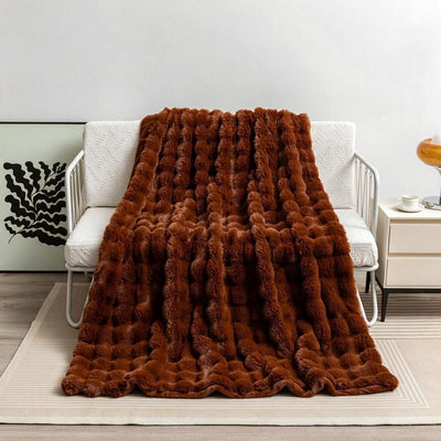 Two-Tone Tufted Bunny Fur Blanket 180x200cm Deep Coffee Brown - Reversible Fleece Throw Keeps Sofa & Bed Snug This Spring