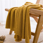 Large 110x200cm Ginger Yellow Seed Stitch Woven Throw Fluffy Tassel Ends Couch Drape for Reading Nook & Guest Room Decor
