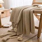 Cream Beige Knit Throw with Round Tassel Ends 70 x 230cm Osmanthus Stitch Textured Sofa Armrest Drape Spring Home Styling Halloween Lounge
