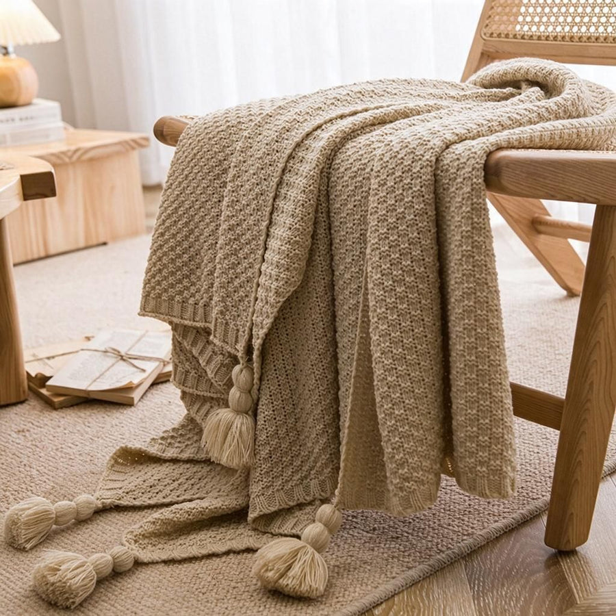 Cream Beige Knit Throw with Round Tassel Ends 70 x 230cm Osmanthus Stitch Textured Sofa Armrest Drape Spring Home Styling Halloween Lounge