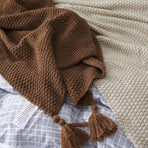 Cream Beige Knit Throw with Round Tassel Ends 70 x 230cm Osmanthus Stitch Textured Sofa Armrest Drape Spring Home Styling Halloween Lounge