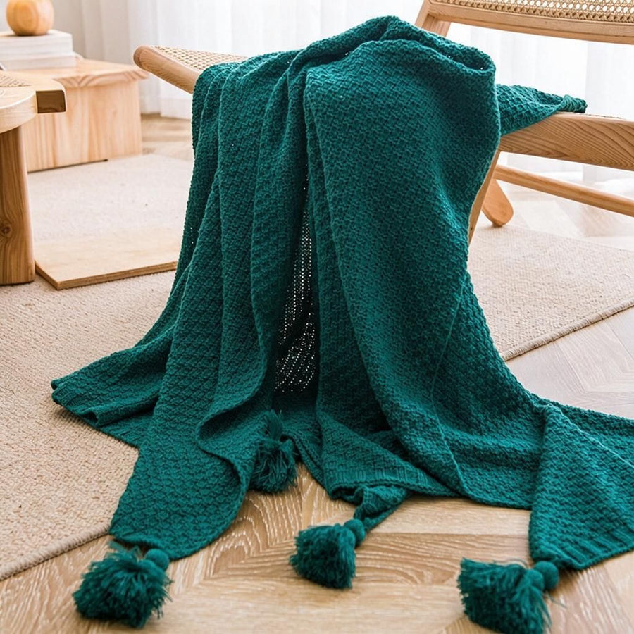 Green Textured Knit Blanket 130x230cm with Fluffy Pom Tassels, Osmanthus Stitch Throw for Sofa Layering & Bed Foot, Halloween Gift