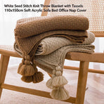 Green Textured Knit Blanket 130x230cm with Fluffy Pom Tassels, Osmanthus Stitch Throw for Sofa Layering & Bed Foot, Halloween Gift
