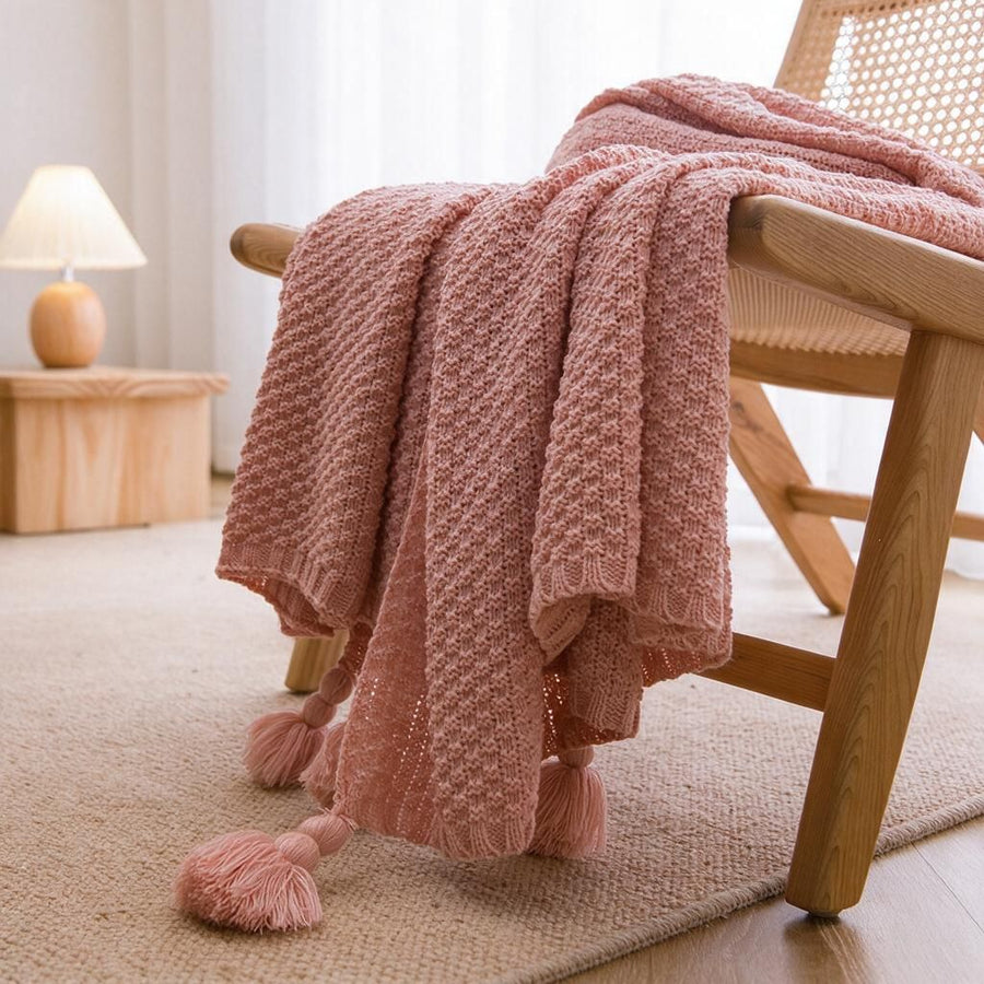 Pink 130x230cm Woven Osmanthus Stitch Throw Blanket Pom Ball Tassel Edges All-Season Couch Wrapping & Bed Foot Spring Halloween Gift