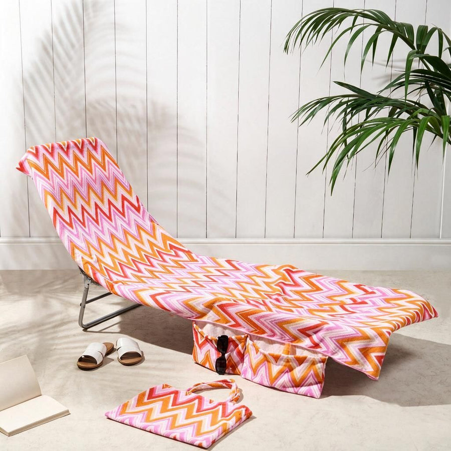 Zigzag Print Sun Lounger Towel Cover ST002 75x210cm Terry Cloth Pocket Carry Pouch Poolside Holiday